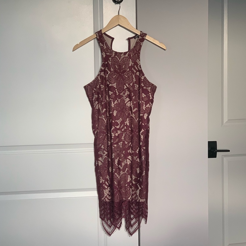 Burgundy High-neck Lace Dress, Express, Size XS